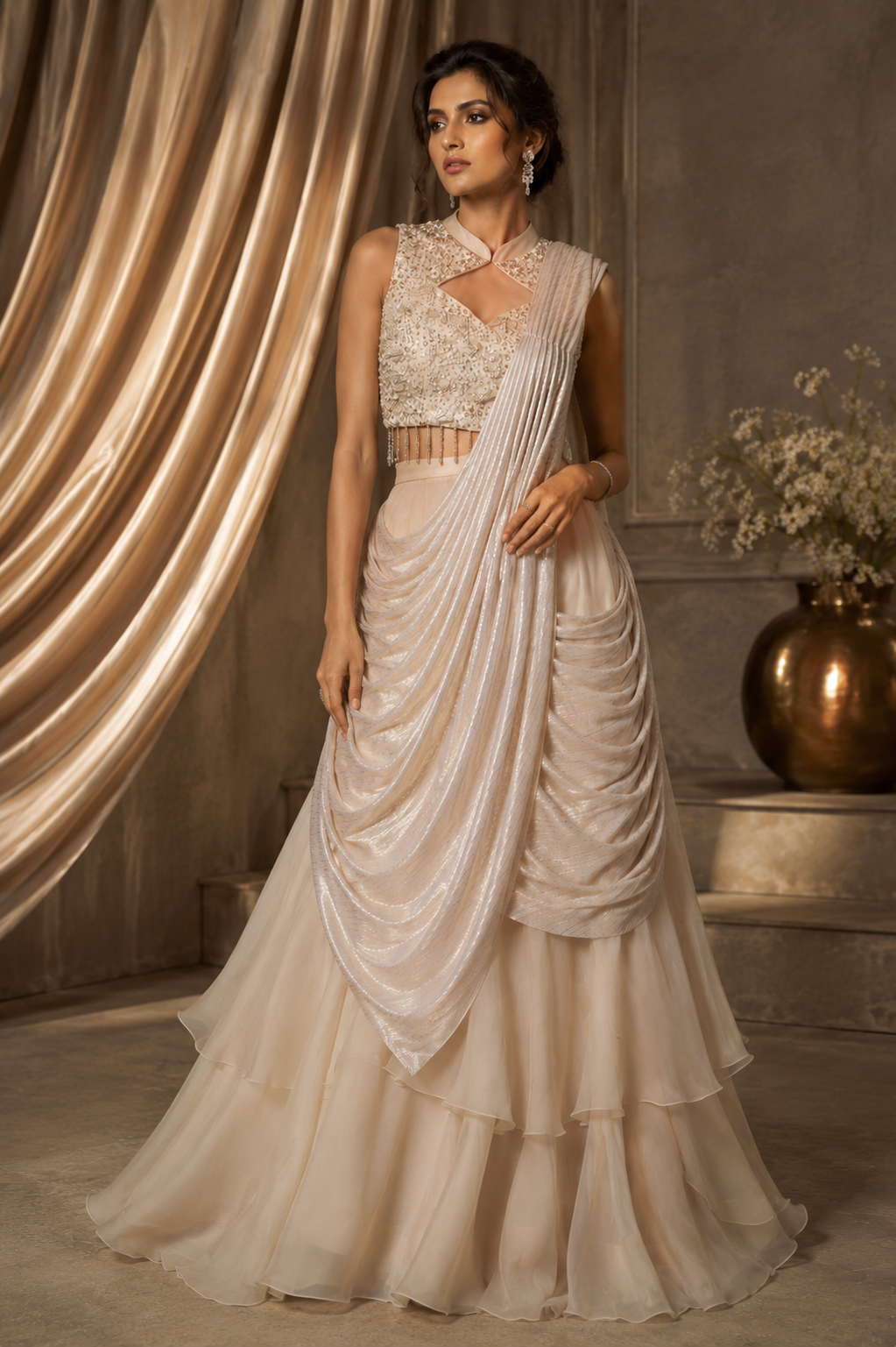 Ivory Metallic Draped Saree