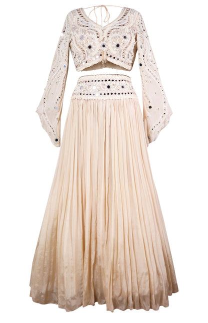 Mirror Work Crop With Skirt - IVORY