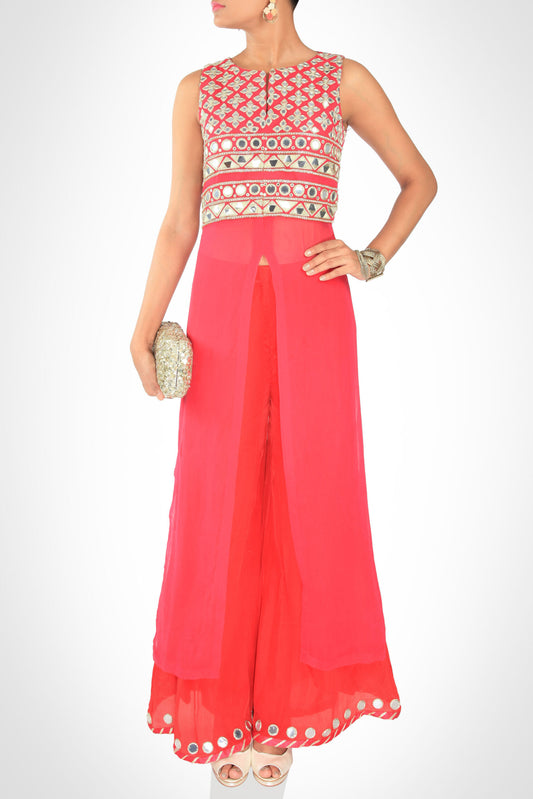 Coral Mirror Work Kurta With Culottes