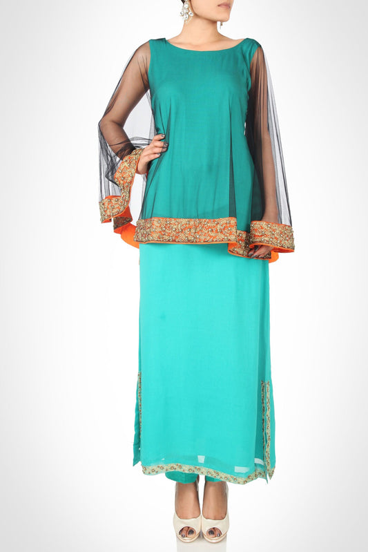 Aqua Blue Kurta with Poncho