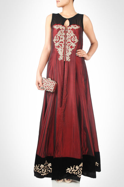 Floor Length Jacket With Zardozi Embroidery - MARSALA