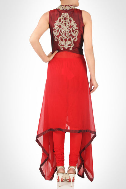 Asymmetric Dress With Zardozi Embroidery - MARSALA