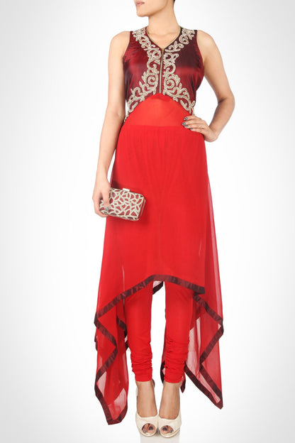 Asymmetric Dress With Zardozi Embroidery - MARSALA