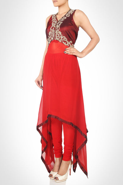 Asymmetric Dress With Zardozi Embroidery - MARSALA