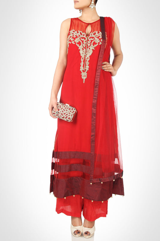 A-Line Kurta Set With Zardozi Embroidery - MARSALA