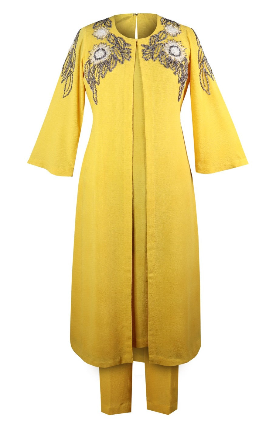 Jacket Style Kurta Set With Daisies - MANGO YELLOW