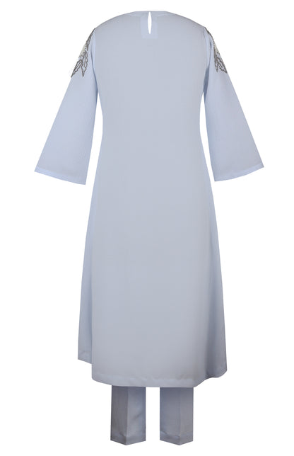 Jacket Style Kurta Set With Daisies - POUDRE' BLEU