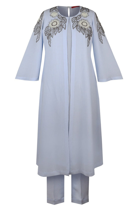 Jacket Style Kurta Set With Daisies - POUDRE' BLEU