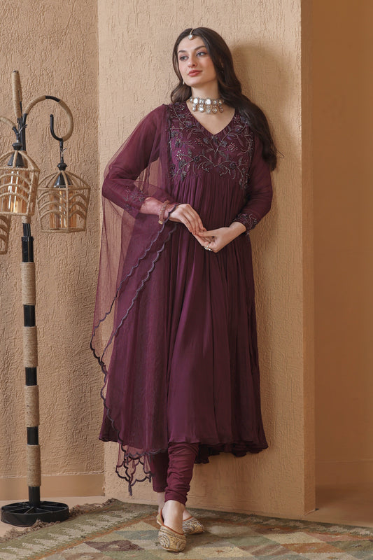 Chiffon Anarkali With TonT Embroidery - DARK PLUM