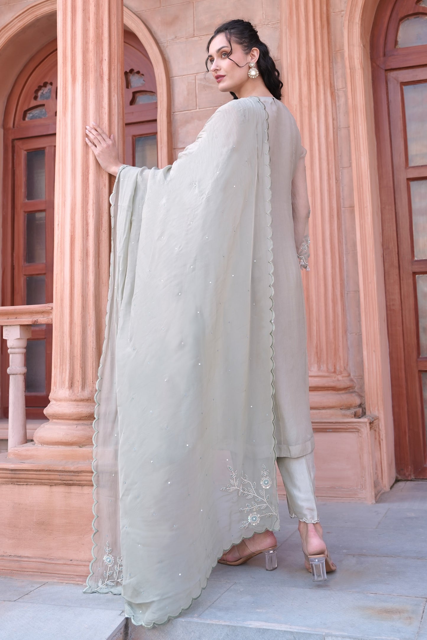 Glass Beads Organza Suit - PALE MOSS