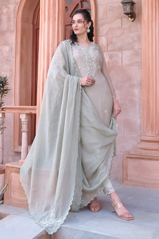 Glass Beads Organza Suit - PALE MOSS