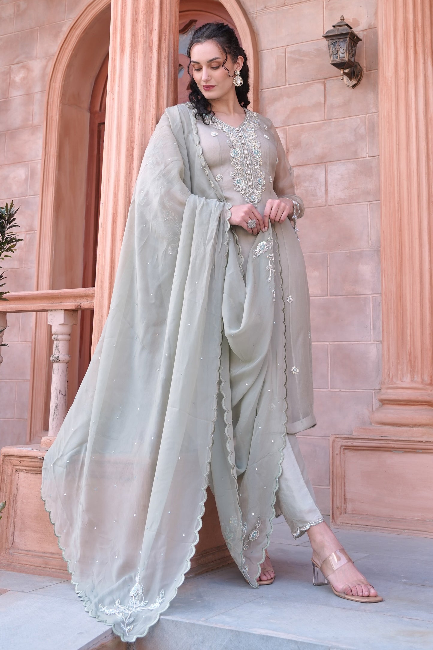 Glass Beads Organza Suit - PALE MOSS