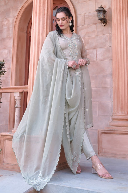 Glass Beads Organza Suit - PALE MOSS