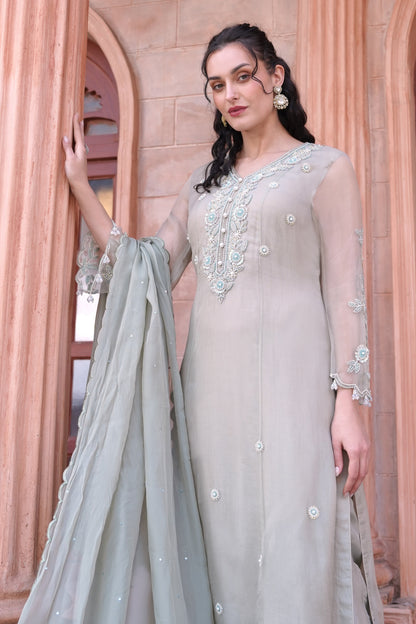 Glass Beads Organza Suit - PALE MOSS