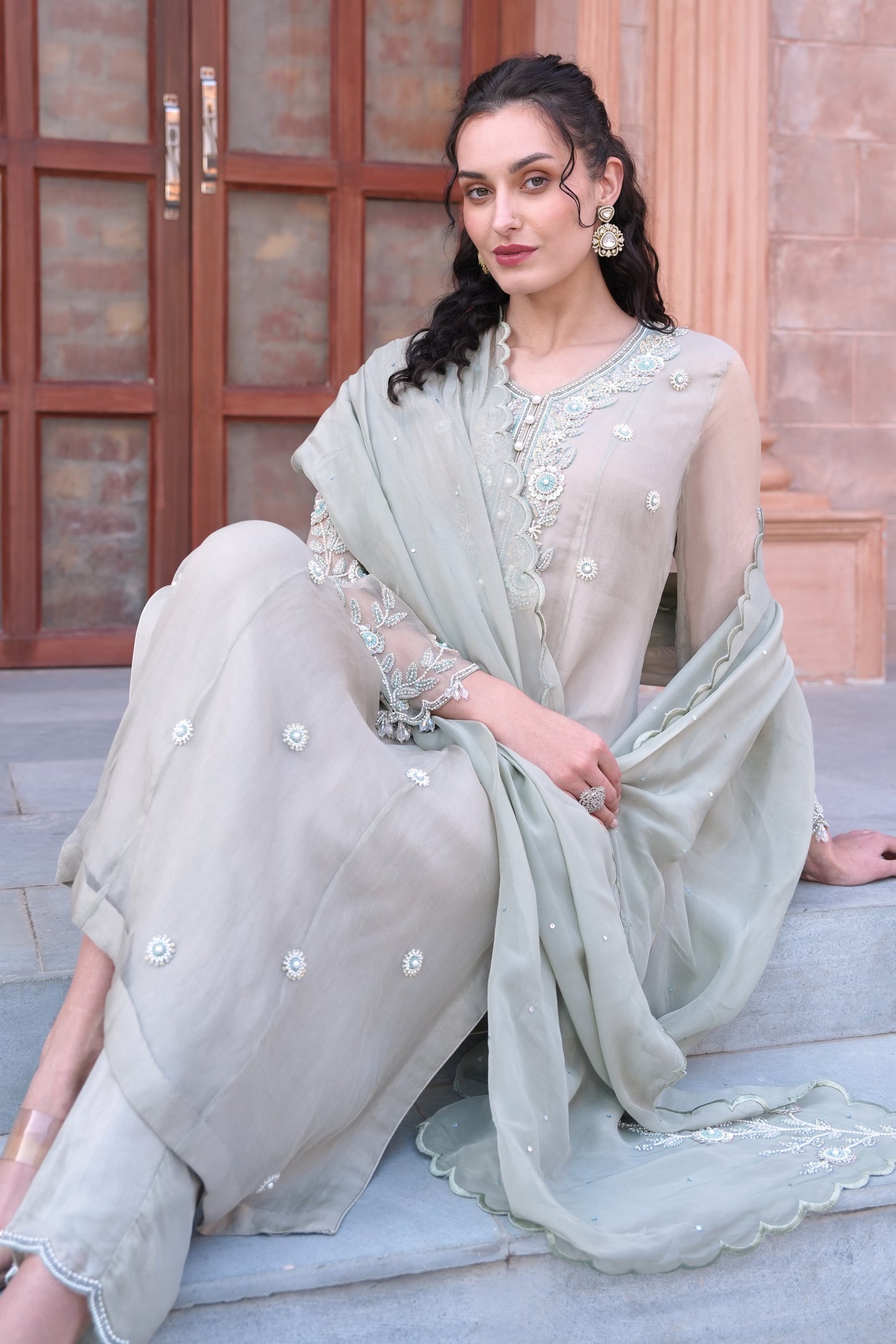 Glass Beads Organza Suit - PALE MOSS