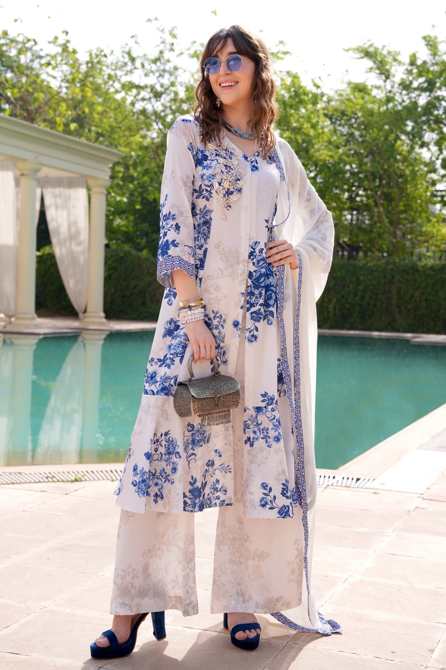 Sea Shells Printed Shrug Set - Creme