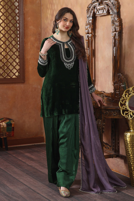 Silk Velvet Farshi Suit With Pearl Embroidery