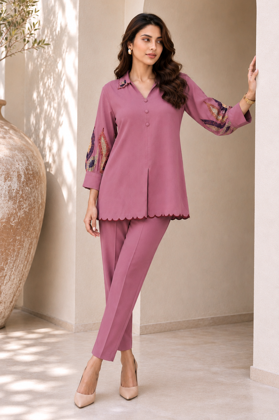 Kantha Embroidery U-Cut Co-ord Set - OLD ROSE