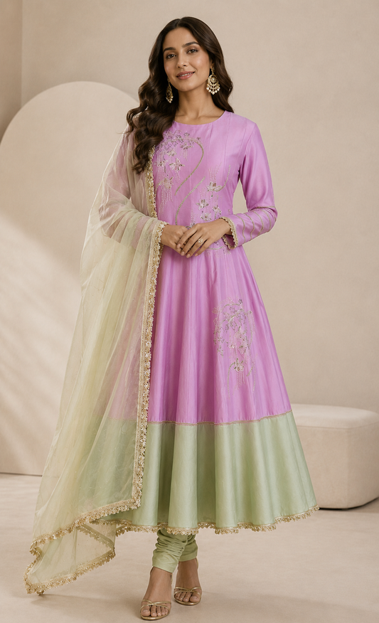 Kora Silk Pitta Anarkali - LILAC