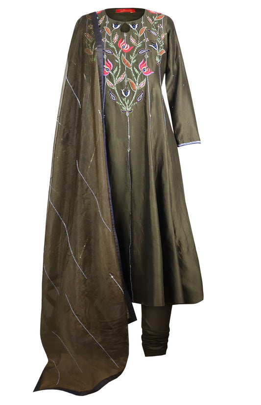 Multicoloured Embroidery Kora Silk Anarkali