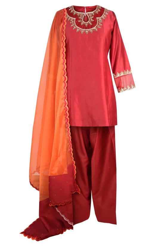 Kora Silk Farshi Salwar Suit - RED