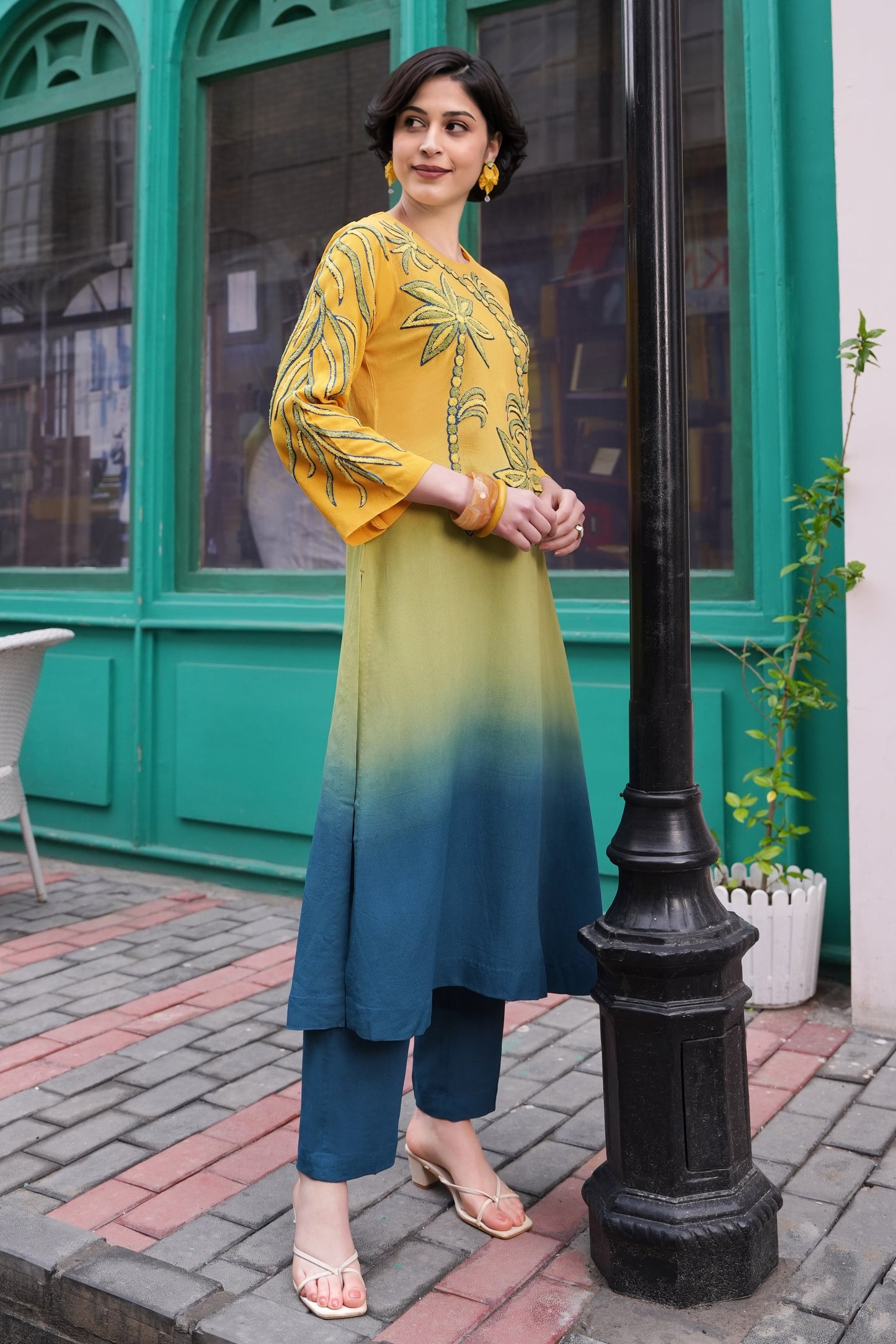 Aari Palms Ombre' Kurta Set - LAGOON
