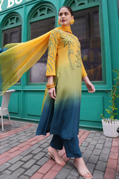 Aari Palms Ombre' Kurta Set - LAGOON