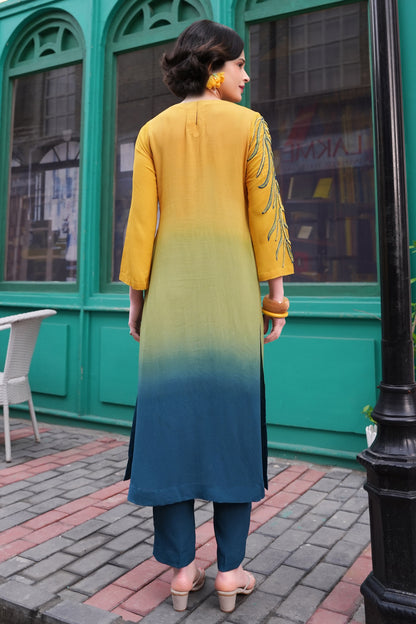 Aari Palms Ombre' Kurta Set - LAGOON