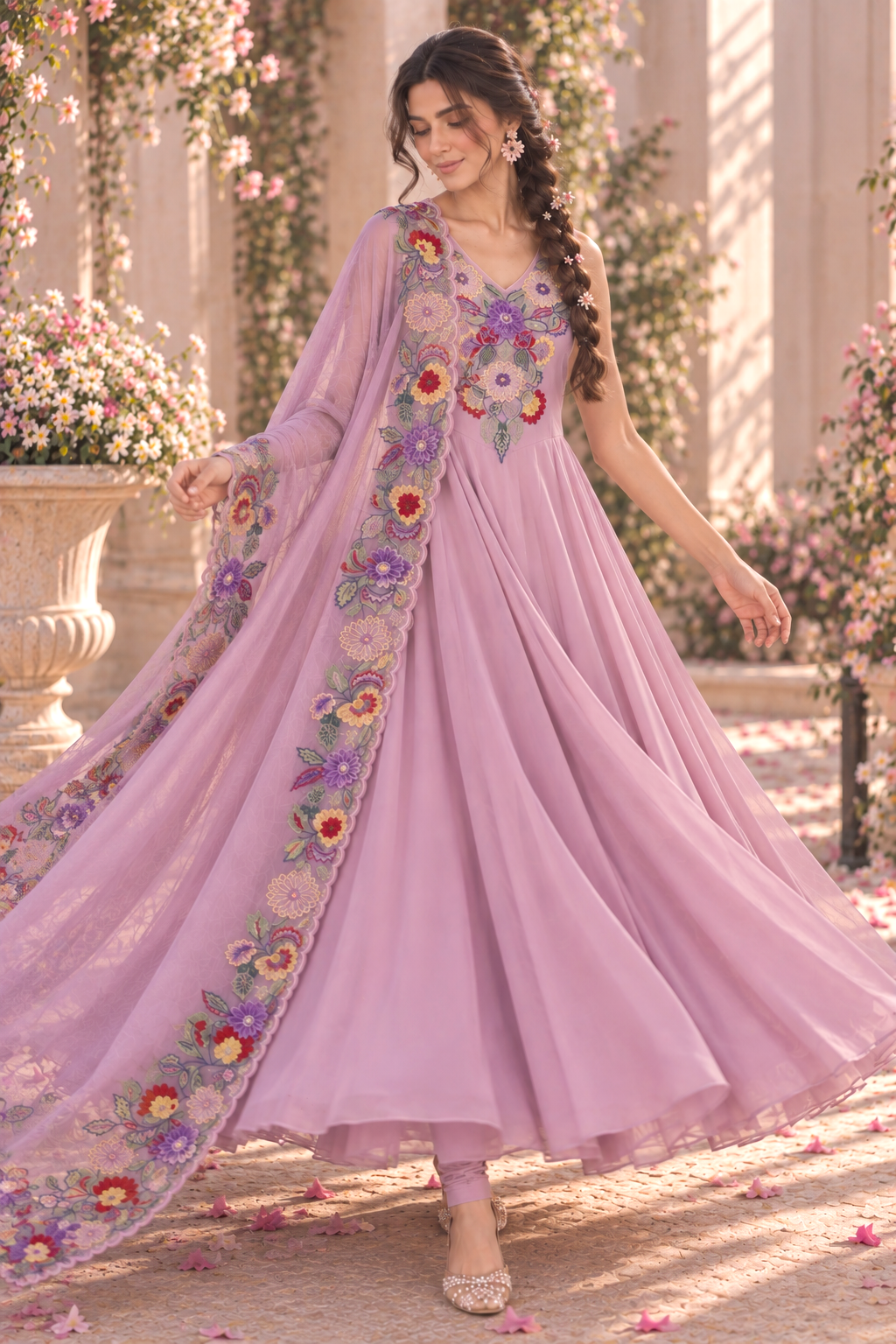 Halter Anarkali With Thread Embroidery - LILAC