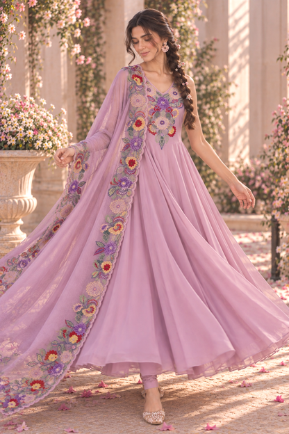 Halter Anarkali With Thread Embroidery - LILAC