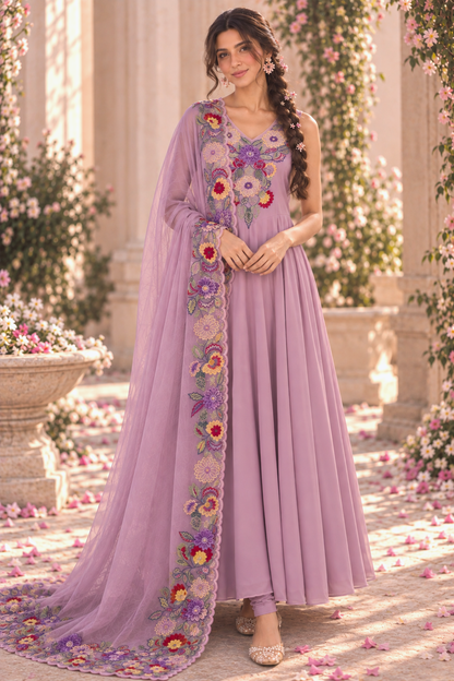 Halter Anarkali With Thread Embroidery - LILAC