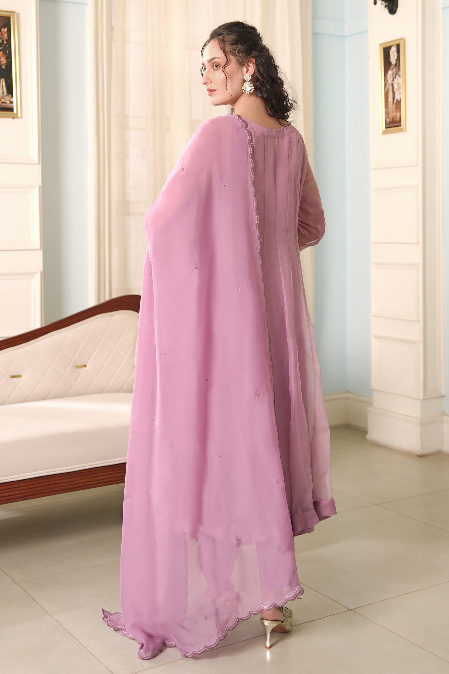 3D Leaves Embroidery Organza Anarkali - LILAC