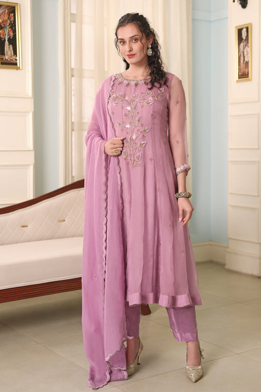 3D Leaves Embroidery Organza Anarkali - LILAC