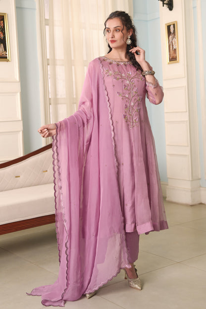 3D Leaves Embroidery Organza Anarkali - LILAC