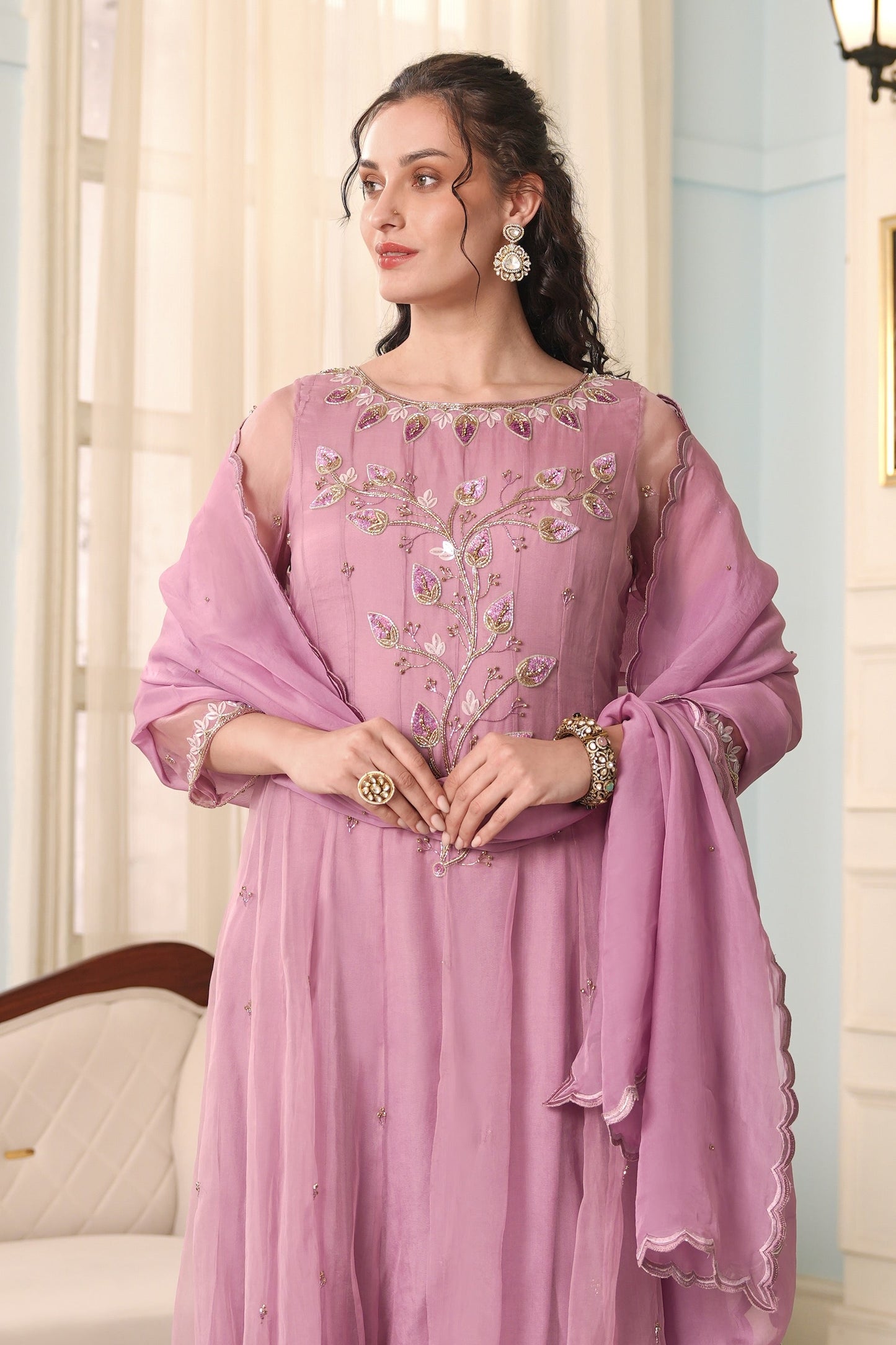 3D Leaves Embroidery Organza Anarkali - LILAC