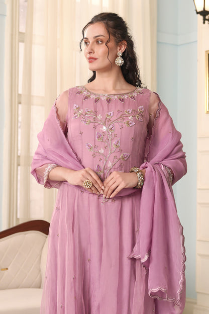 3D Leaves Embroidery Organza Anarkali - LILAC