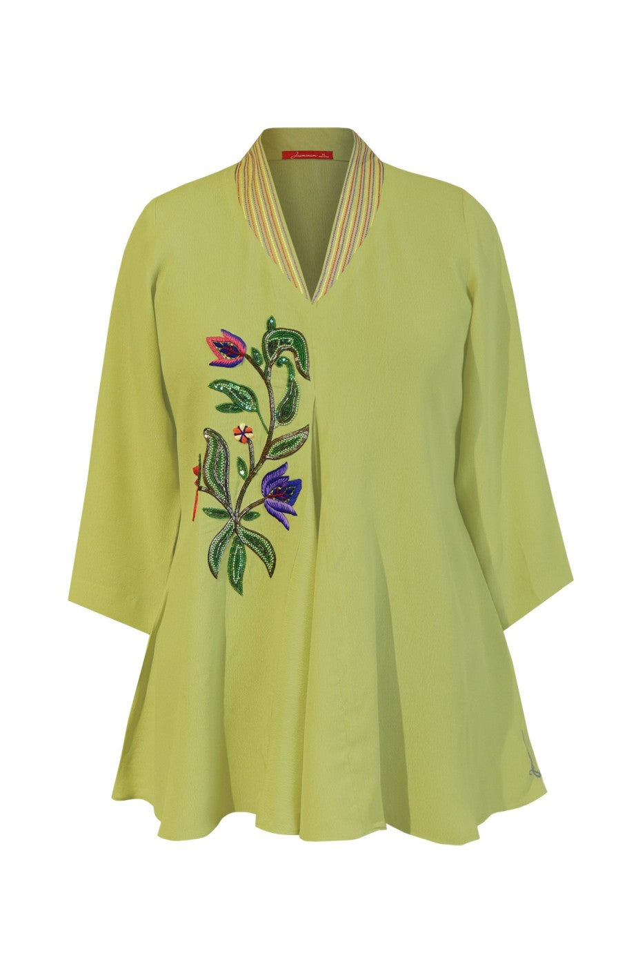 Multicoloured Embroidery Crepe Top - LIME GREEN