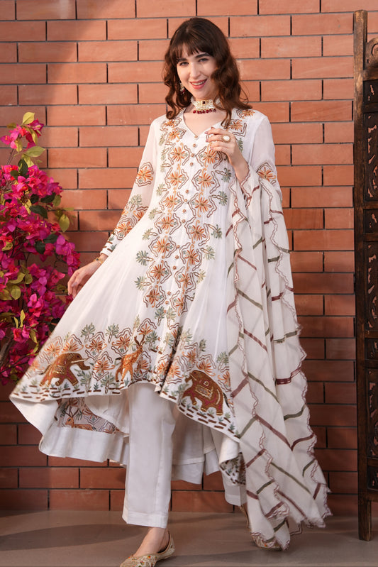 Madhubani Chiffon Anarkali - WHITE
