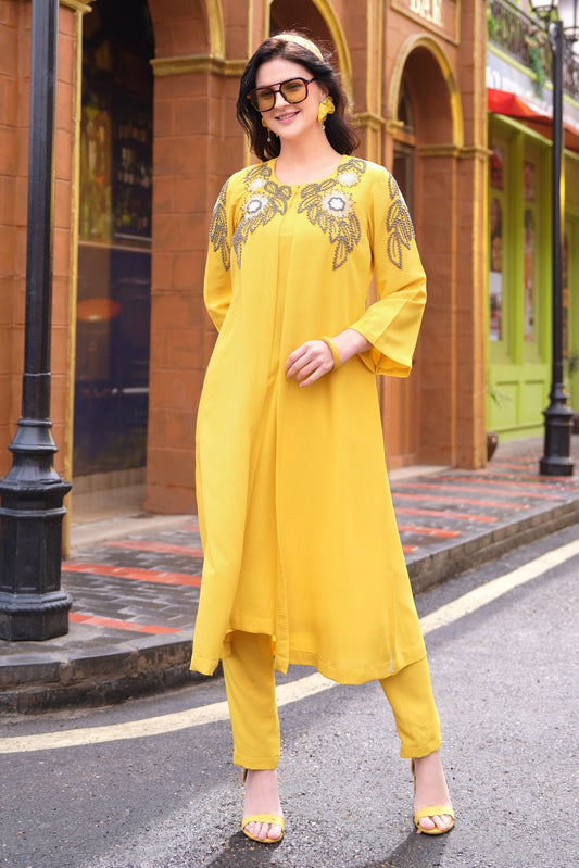 Jacket Style Kurta Set With Daisies - MANGO YELLOW