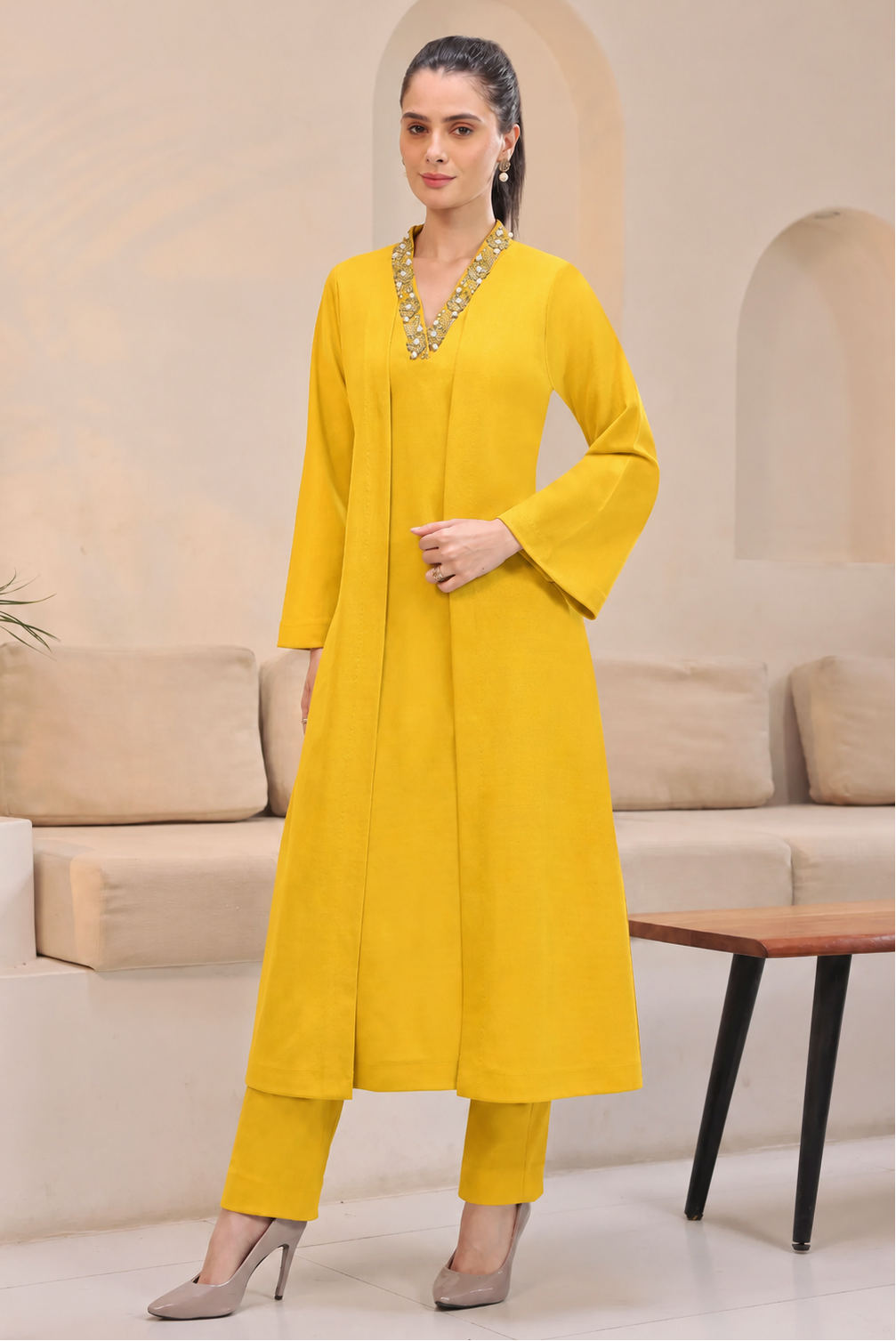 Cosmos Jacket Style Crepe Kurta Set - MANGO YELLOW