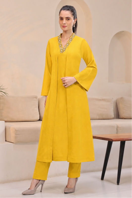 Cosmos Jacket Style Crepe Kurta Set - MANGO YELLOW