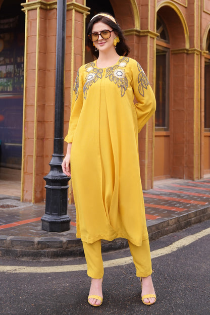 Jacket Style Kurta Set With Daisies - MANGO YELLOW