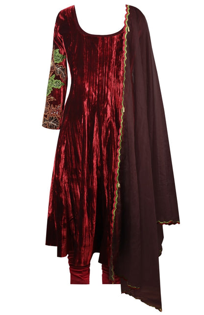 Maroon Appliqué Embroidery Crinkled Anarkali