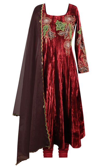 Maroon Appliqué Embroidery Crinkled Anarkali
