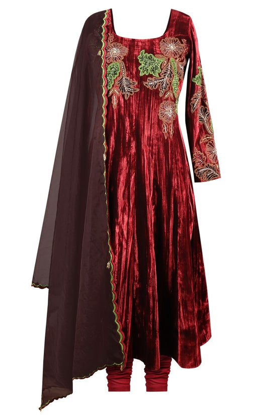 Maroon Appliqué Embroidery Crinkled Anarkali