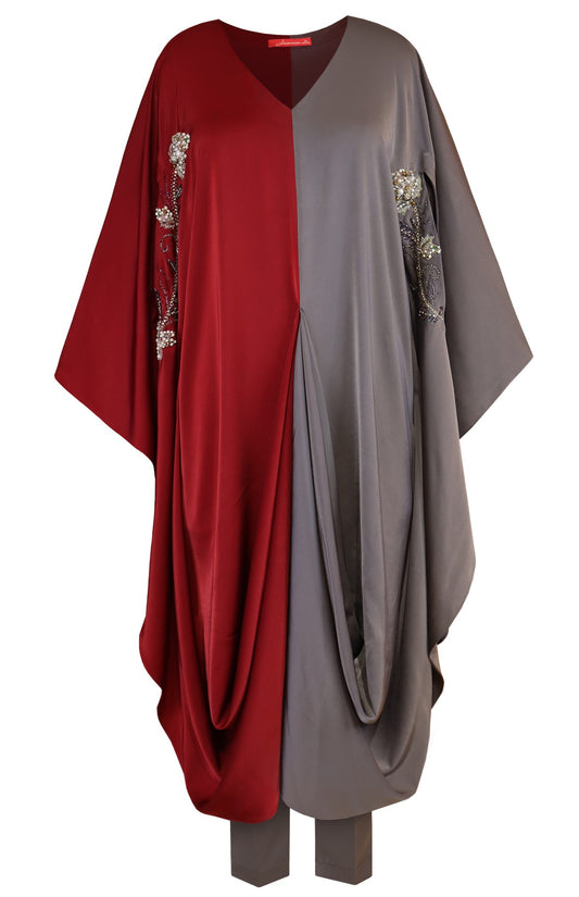 Maroon & Grey Draped Kaftan Set