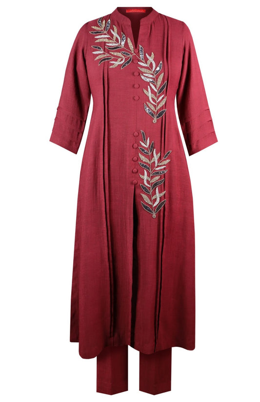 Palm Leaves A-Line Kurta Set - MAROON