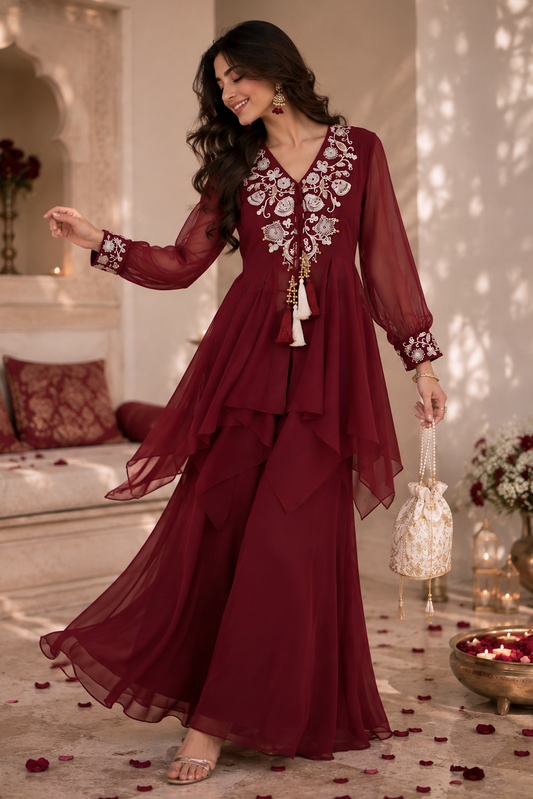 Aari & Abla Sharara Set - MAROON