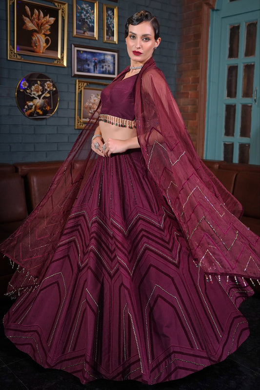 Silk Lehnga With Peacock Motif - MAROON