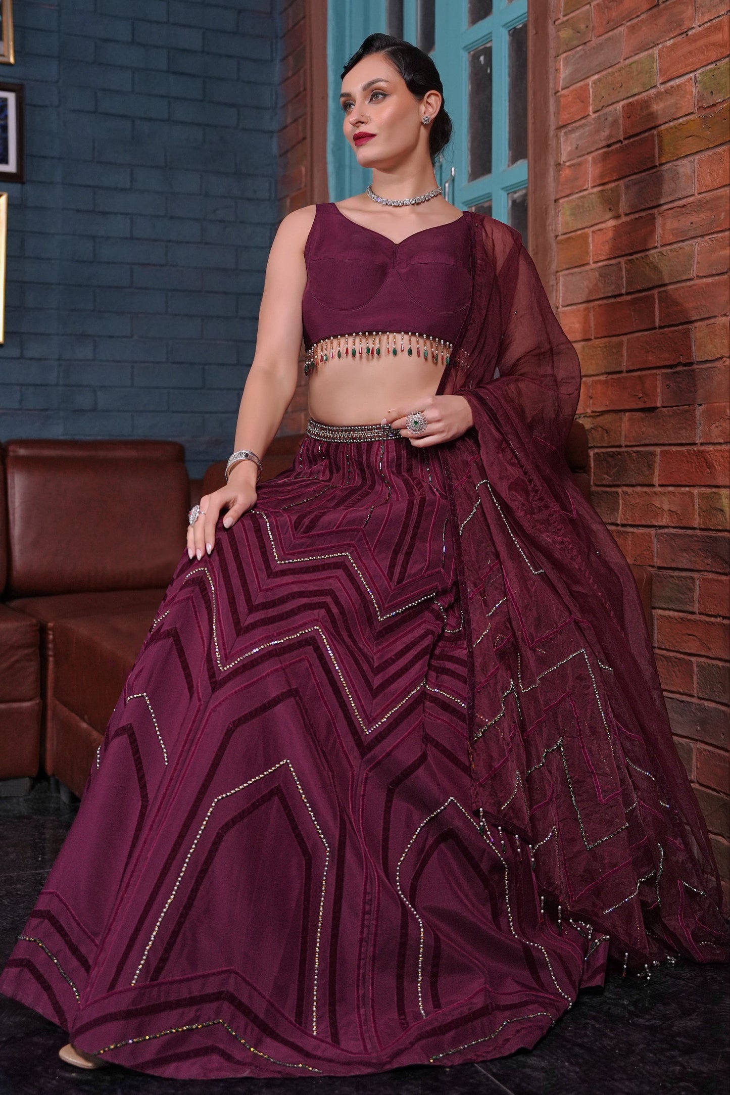 Silk Lehnga With Peacock Motif - MAROON